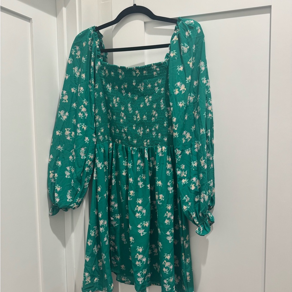Wayf Teal Floral Smocked Dress